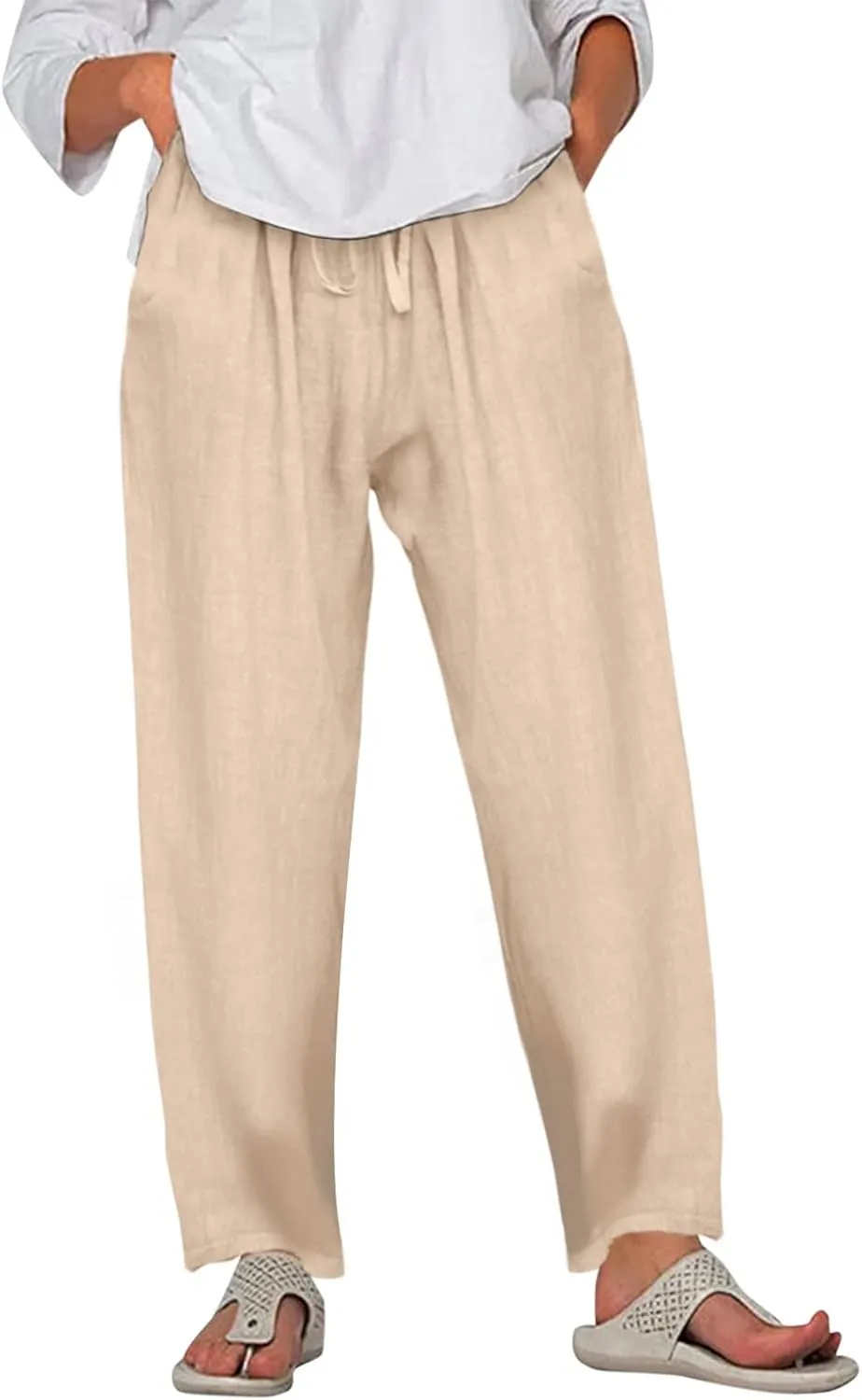 Women High Waisted Cotton Linen Pants Drawstring Palazzo Pants Summer Long Lounge Pant Trousers with Pocket
