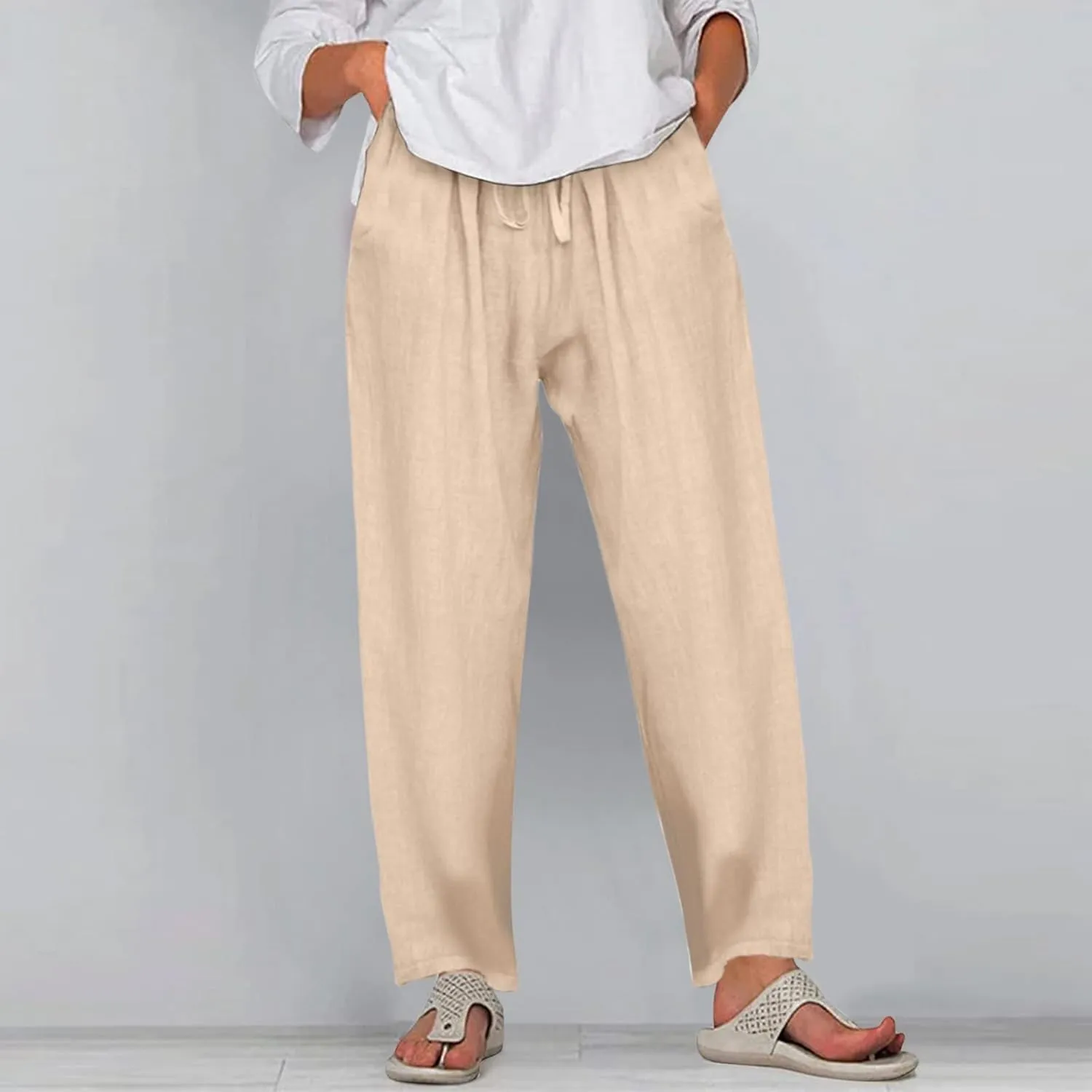 Women High Waisted Cotton Linen Pants Drawstring Palazzo Pants Summer Long Lounge Pant Trousers with Pocket