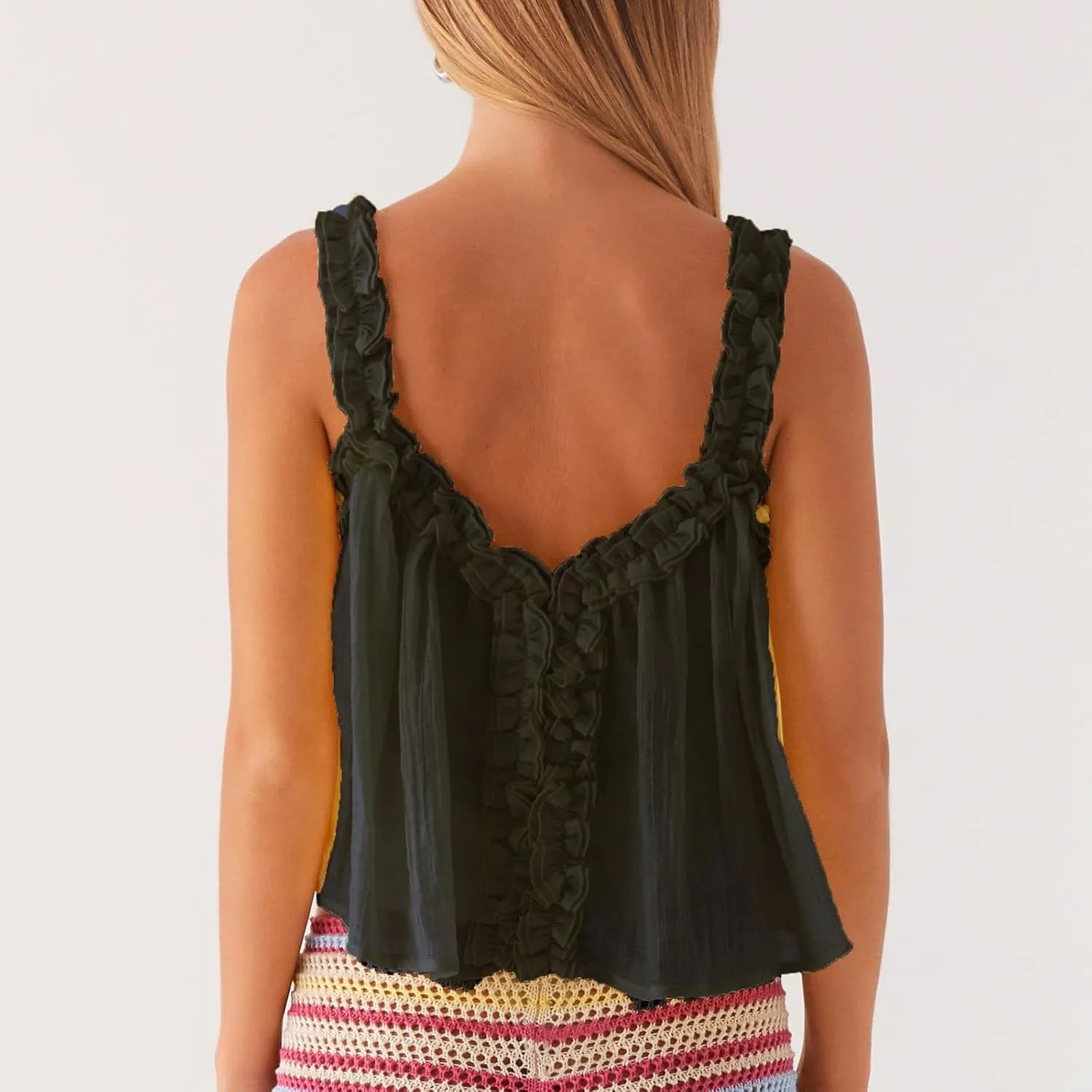 Women Lace Trim Tank Tops Y2k See Through Sleeveless Lace Up Tank Top Scoop Neck Solid Flared Hem Cami Shirts