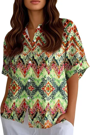 Women Linen Button Down Shirt Half Sleeve Collared Cotton Blouses Floral Printed Summer Beach Loose Casual Tops