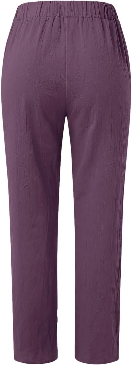 Women Linen Pants Loose Fit Summer Casual Boho Straight Leg High Waist Solid Color Linen Pants Breathable Ankle Trousers