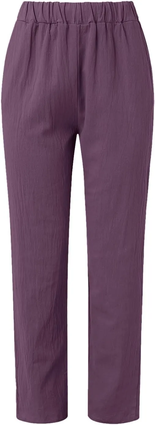 Women Linen Pants Loose Fit Summer Casual Boho Straight Leg High Waist Solid Color Linen Pants Breathable Ankle Trousers
