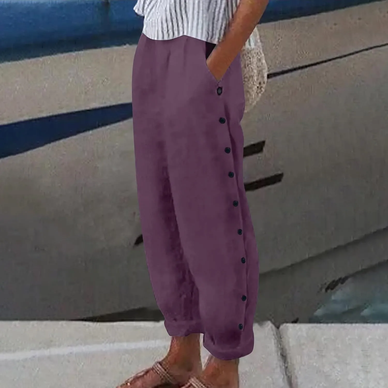 Women Linen Pants Loose Fit Summer Casual Boho Straight Leg High Waist Solid Color Linen Pants Breathable Ankle Trousers