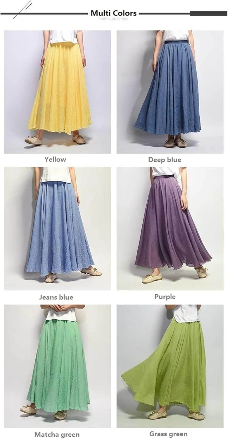 Women Maxi Cotton Long Skirts Elastic Waist Pleated Skirts Beach Vintage Summer Skirts