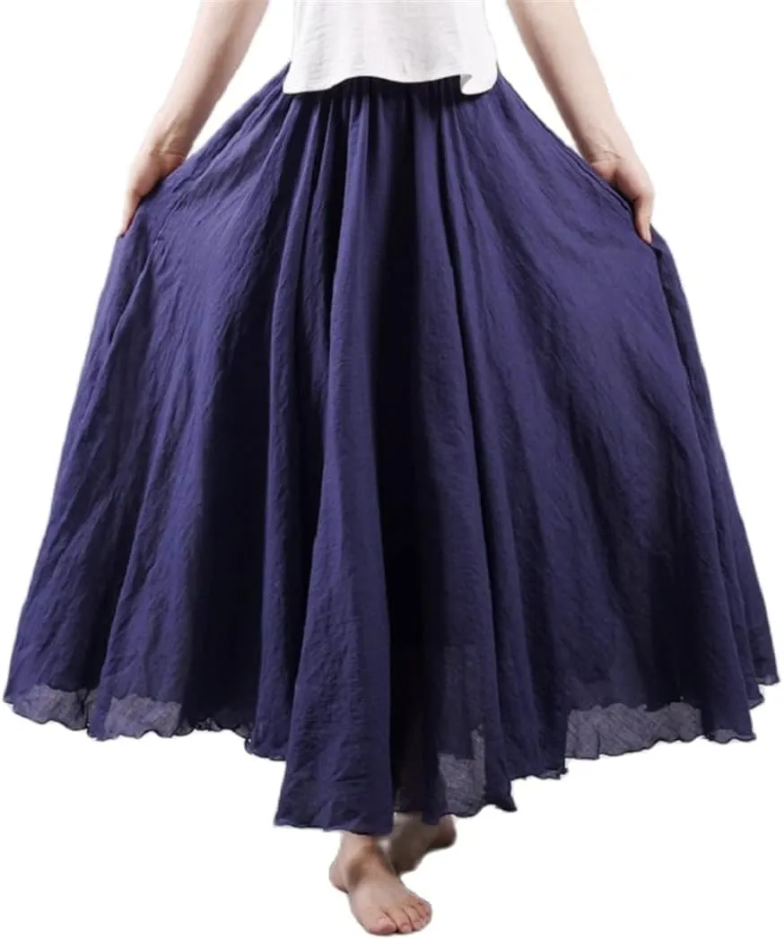 Women Maxi Cotton Long Skirts Elastic Waist Pleated Skirts Beach Vintage Summer Skirts