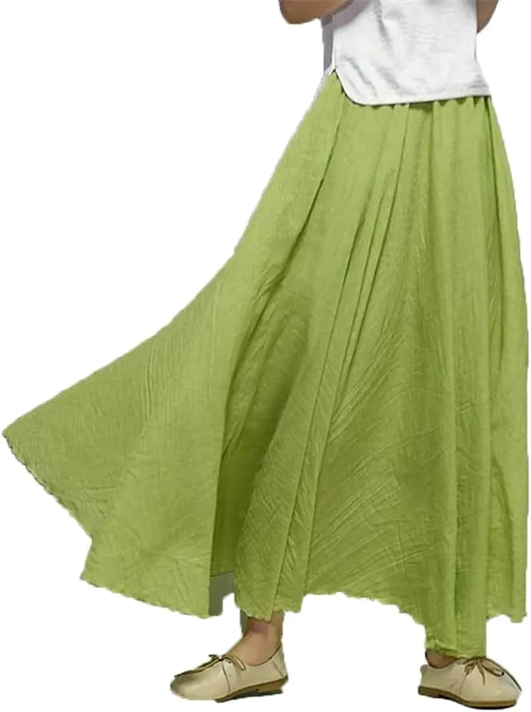 Women Maxi Cotton Long Skirts Elastic Waist Pleated Skirts Beach Vintage Summer Skirts