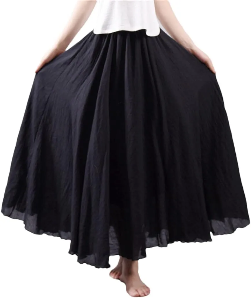 Women Maxi Cotton Long Skirts Elastic Waist Pleated Skirts Beach Vintage Summer Skirts