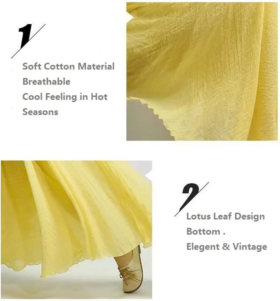 Women Maxi Cotton Long Skirts Elastic Waist Pleated Skirts Beach Vintage Summer Skirts