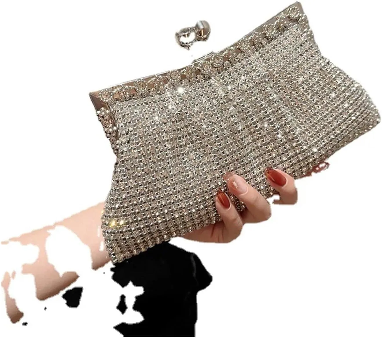 Women Rhinestone Evening Clutch Bag Detachable Chain Wedding Purse Prom Banquet Handbag Elegant Party Shoulder Bag(Dark Green Black)