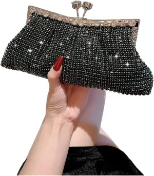Women Rhinestone Evening Clutch Bag Detachable Chain Wedding Purse Prom Banquet Handbag Elegant Party Shoulder Bag(Dark Green Black)