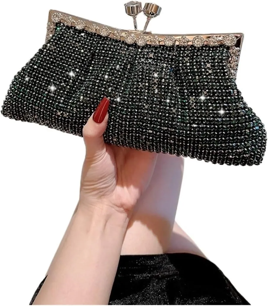 Women Rhinestone Evening Clutch Bag Detachable Chain Wedding Purse Prom Banquet Handbag Elegant Party Shoulder Bag(Dark Green Black)