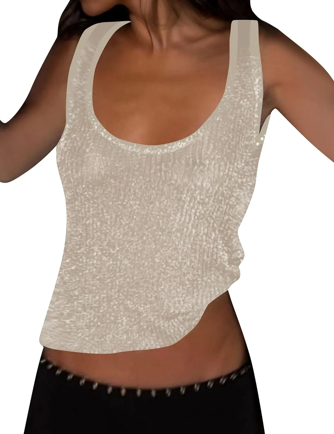 Women Sexy Fishnet Knit Glittering Scoop Neck Crop Tank Going Out Top Sheer Mesh Solid Slim Cropped Vest Cami Tops