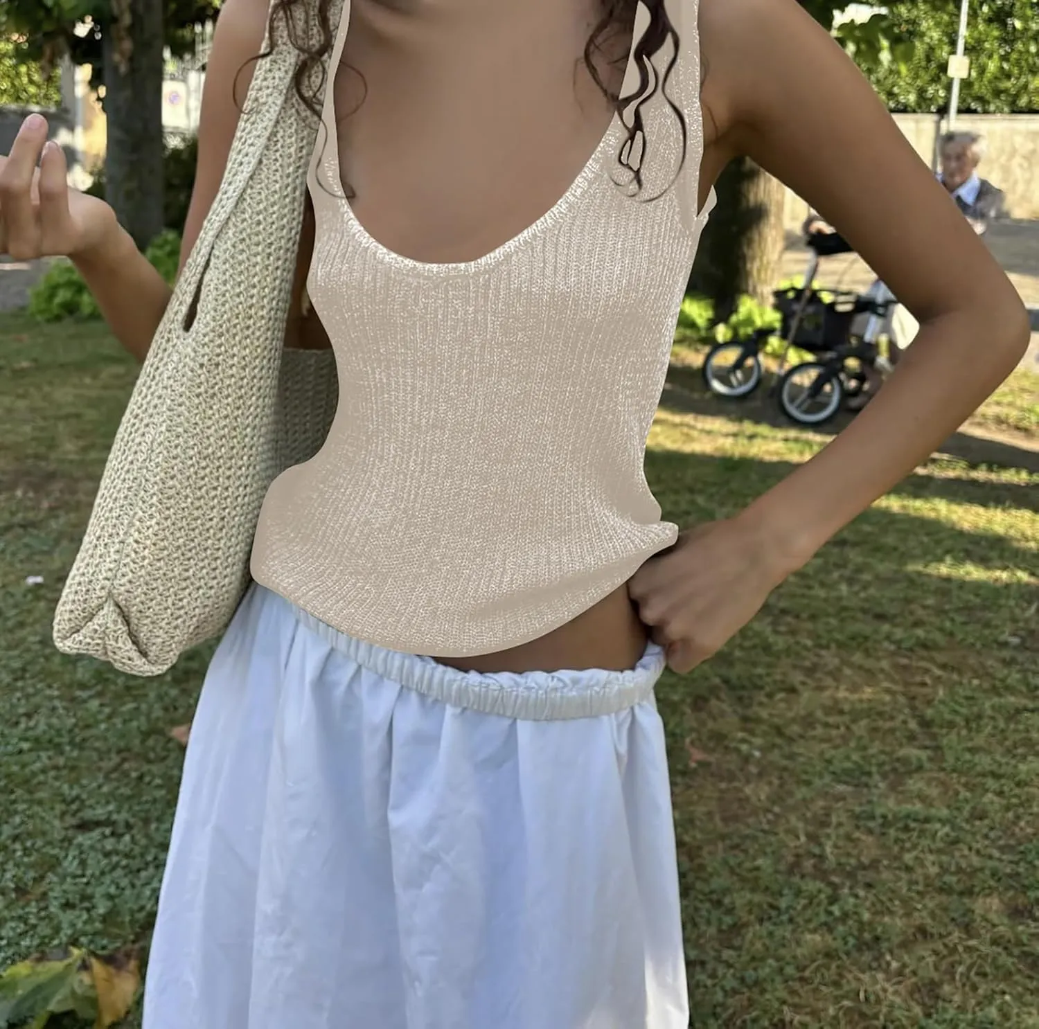 Women Sexy Fishnet Knit Glittering Scoop Neck Crop Tank Going Out Top Sheer Mesh Solid Slim Cropped Vest Cami Tops