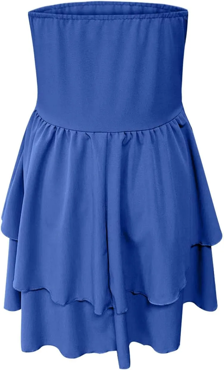 Women Summer Strapless Smocked Tube Dress Fashion Off Shoulder Ruffle Tiered Flowy Beach Boho Mini Sundress