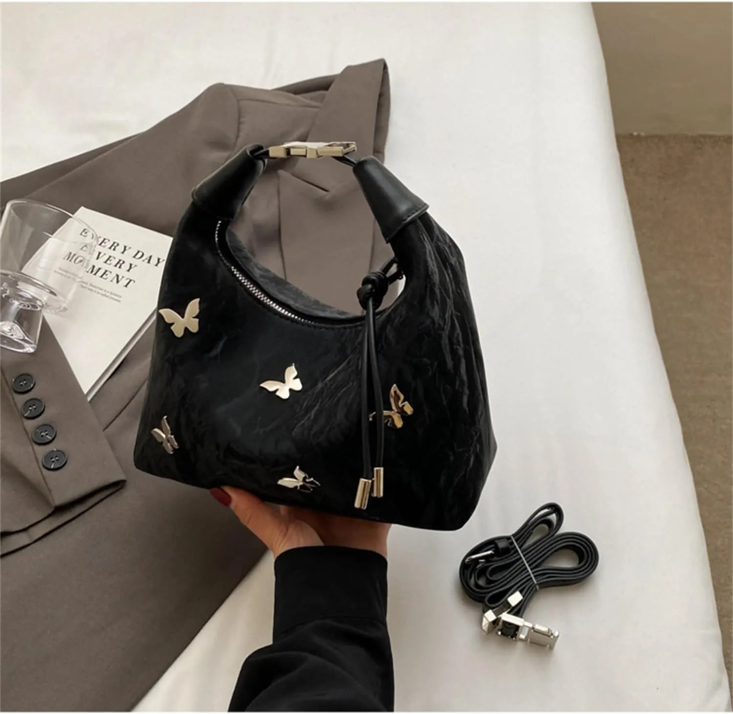 Women Tote Handbags Butterfly Vegan Leather Shoulder Bags with Adjustable Strap Trendy Crossbody Purse