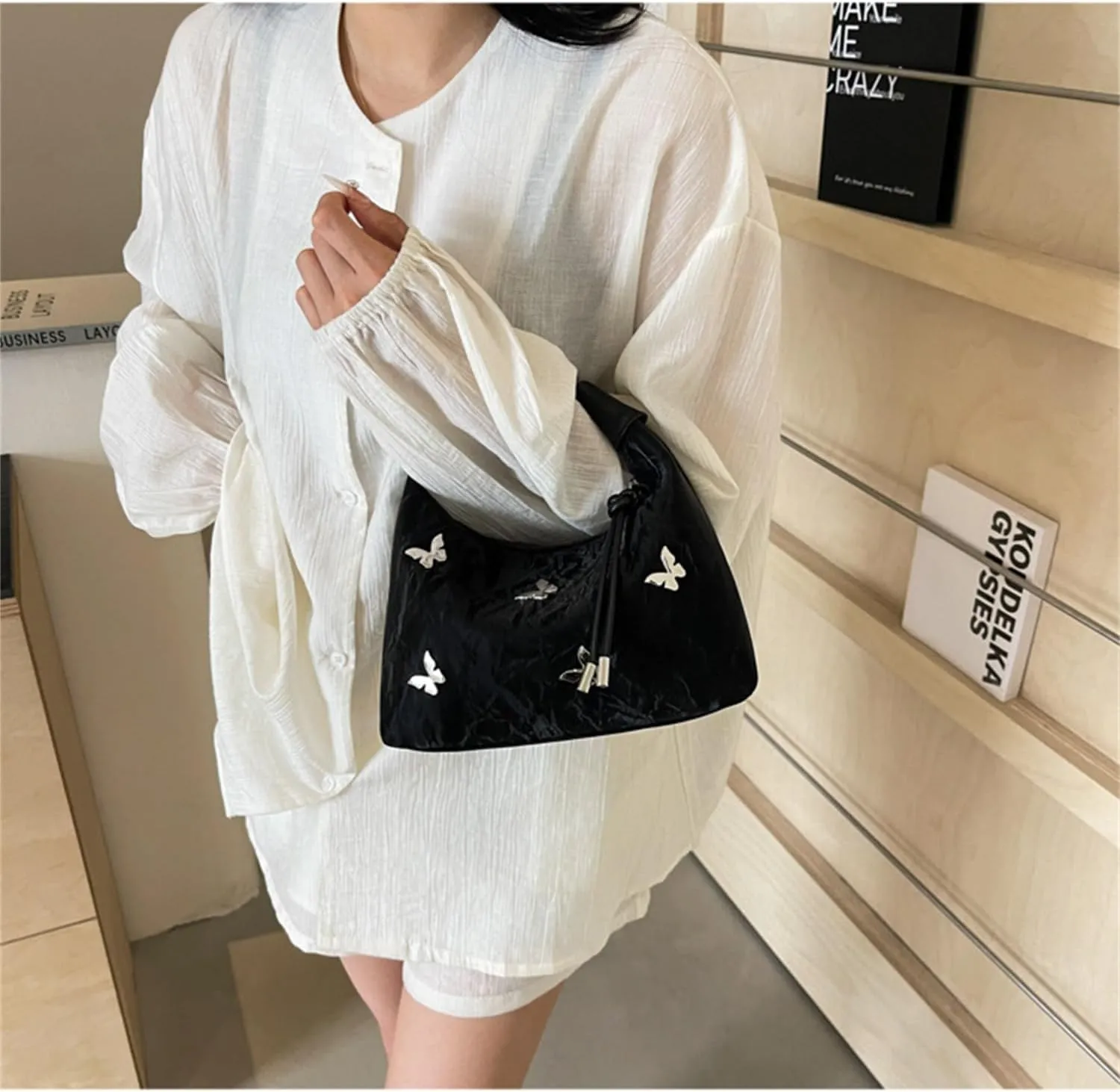 Women Tote Handbags Butterfly Vegan Leather Shoulder Bags with Adjustable Strap Trendy Crossbody Purse