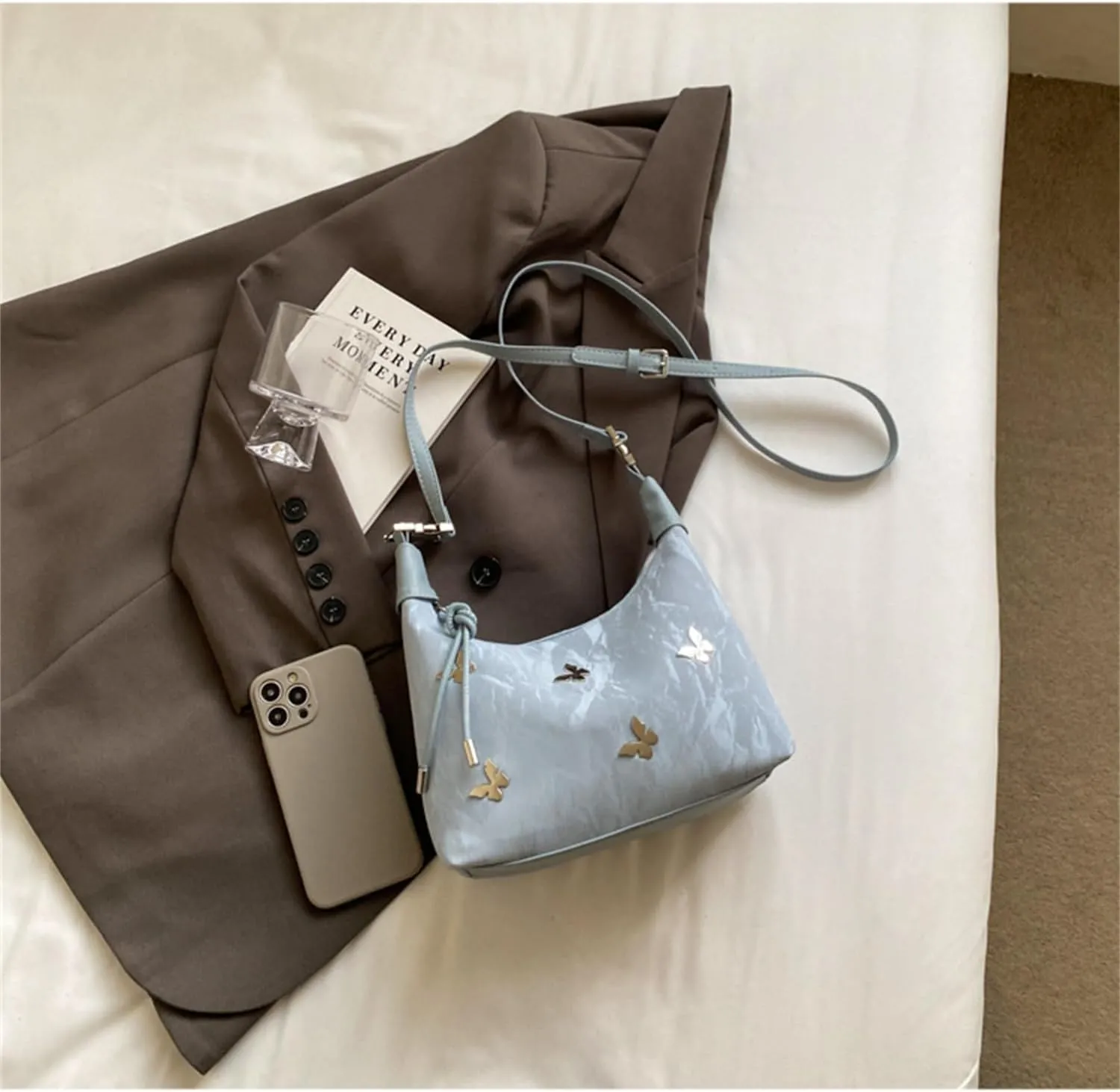 Women Tote Handbags Butterfly Vegan Leather Shoulder Bags with Adjustable Strap Trendy Crossbody Purse