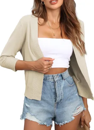 Women's 3/4 Sleeve Open Front Cropped Cardigan Sweaters Bolero Shrugs for Women S-XL