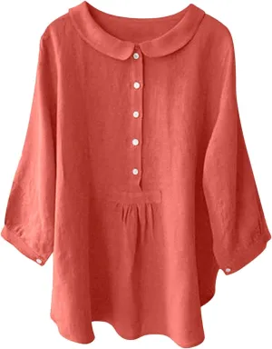 Womens 3/4 Sleeve Tops Button Down Crewneck Tunic Pullover Fashion Oversized Flowy Hem T-Shirts Cotton Linen Tees