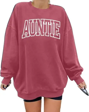 Womens Aunt Sweatshirt Auntie Letter Print Long Sleeve Pullover Top Oversized Cool Aunt Embroidered Crewneck Shirts