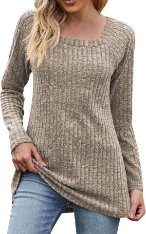 Womens Autumn Sweaters Solid Color Fashion Square Neck Long Sleeve Ribbed Knit Pullover Tops Loose Outdoor Sweatshirts