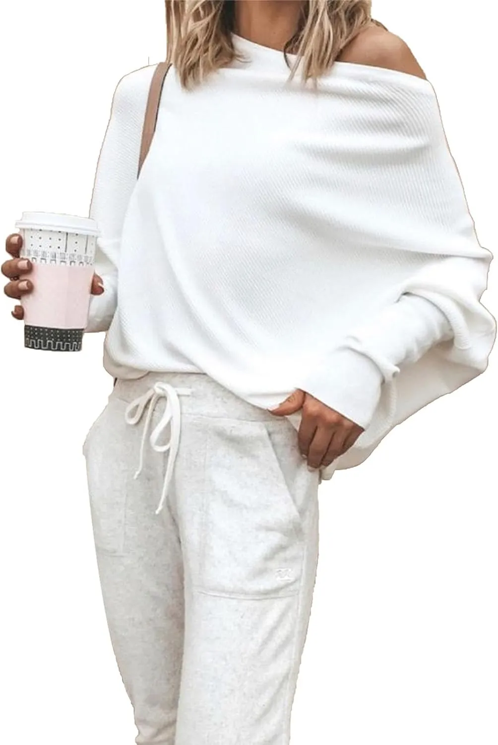 Womens Batwing Sleeve Fall Winter Pullovers Off Shoulder Solid Color Knit Jumper Tops Casual Loose Comfy Sweaters