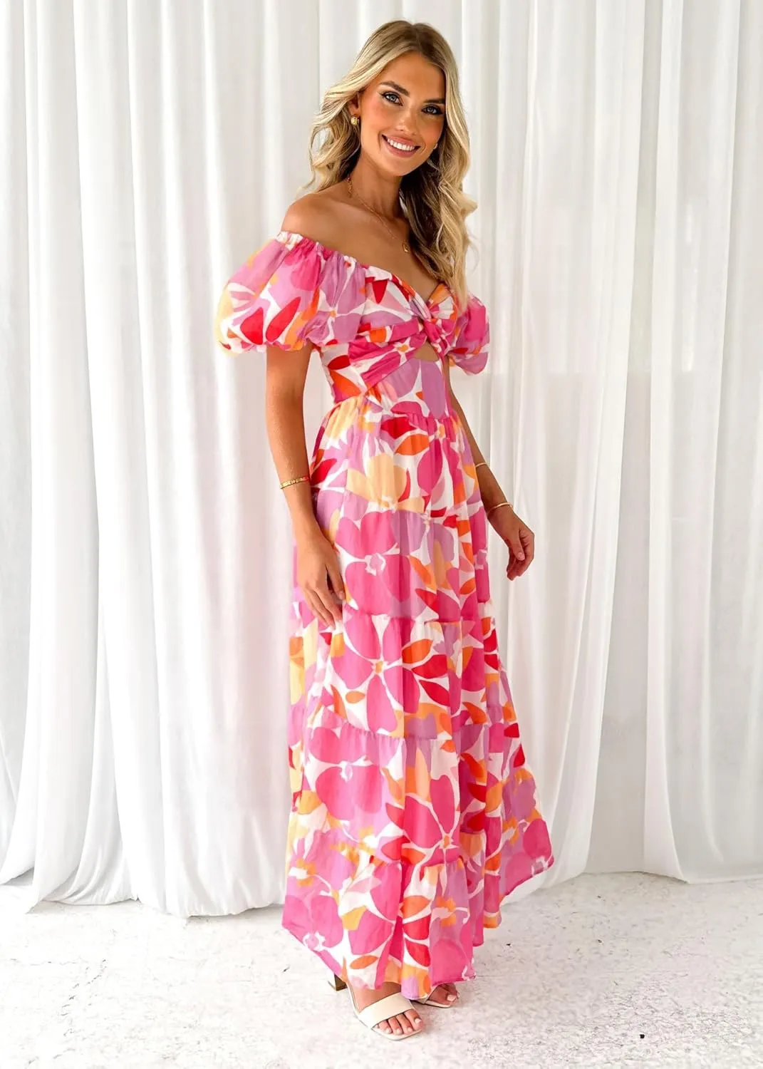 Womens Boho Floral Maxi Dress Short Puff Sleeve Off Shoulder Smocked Flowy Long Beach Dress