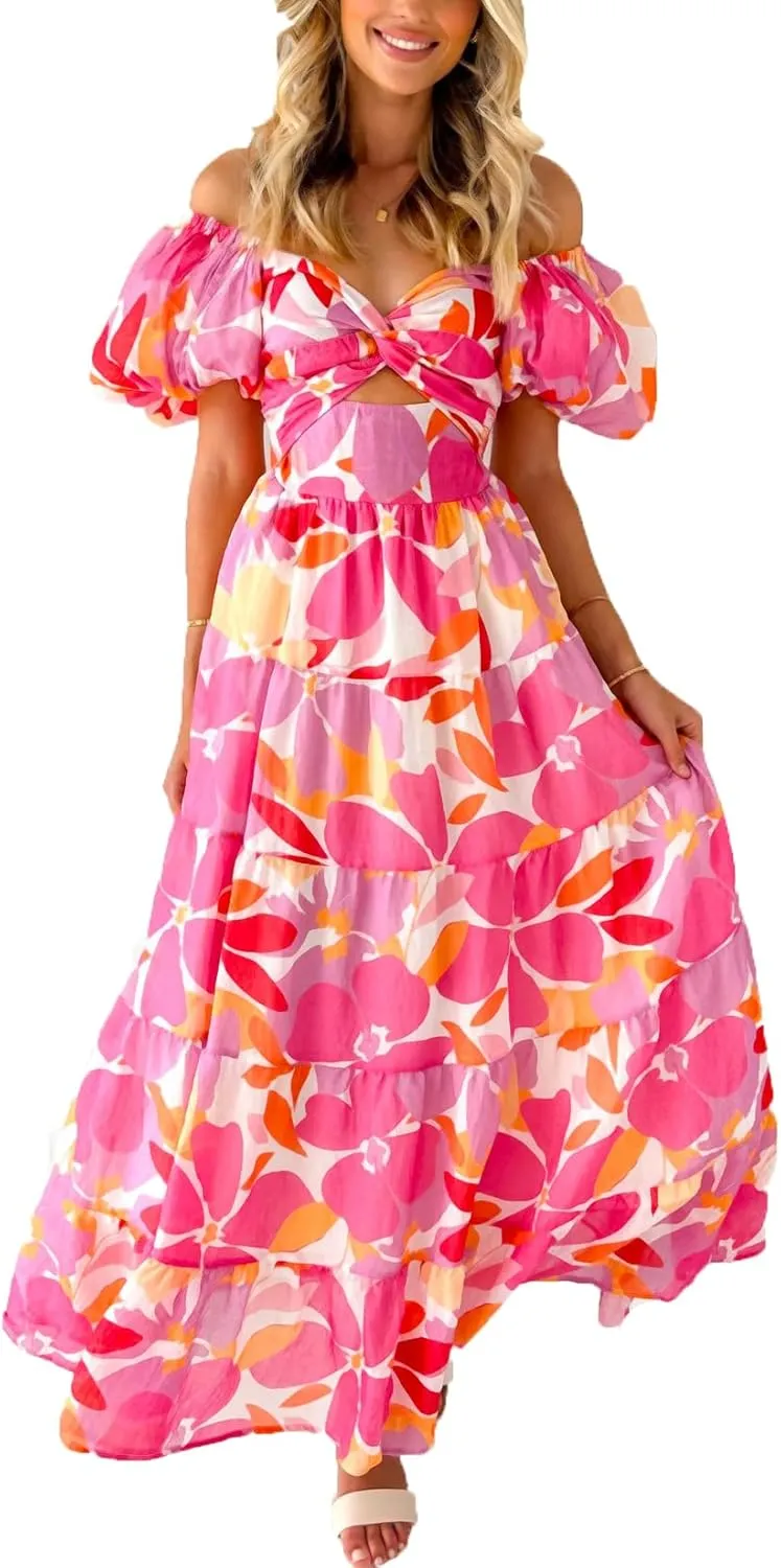 Womens Boho Floral Maxi Dress Short Puff Sleeve Off Shoulder Smocked Flowy Long Beach Dress