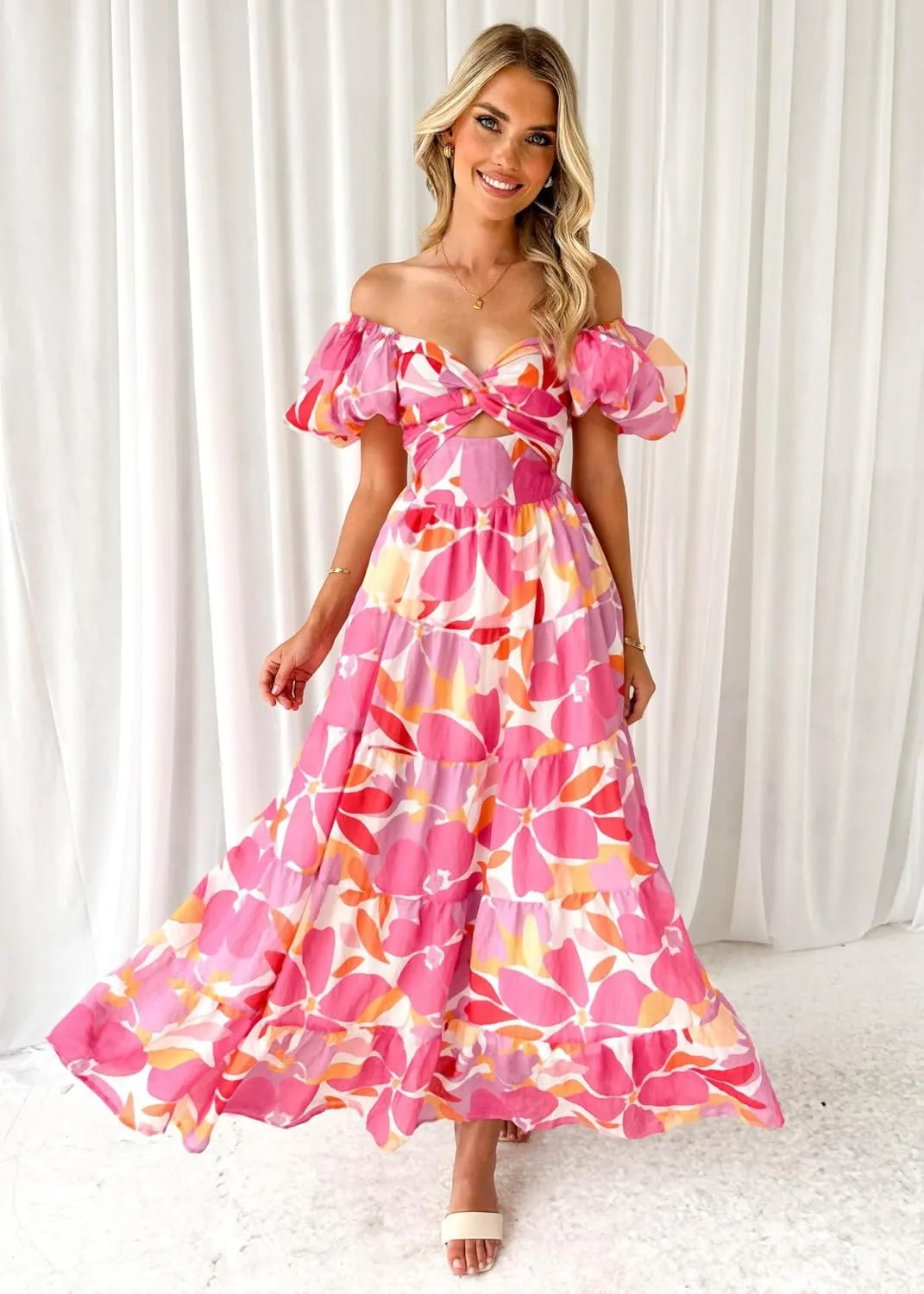 Womens Boho Floral Maxi Dress Short Puff Sleeve Off Shoulder Smocked Flowy Long Beach Dress