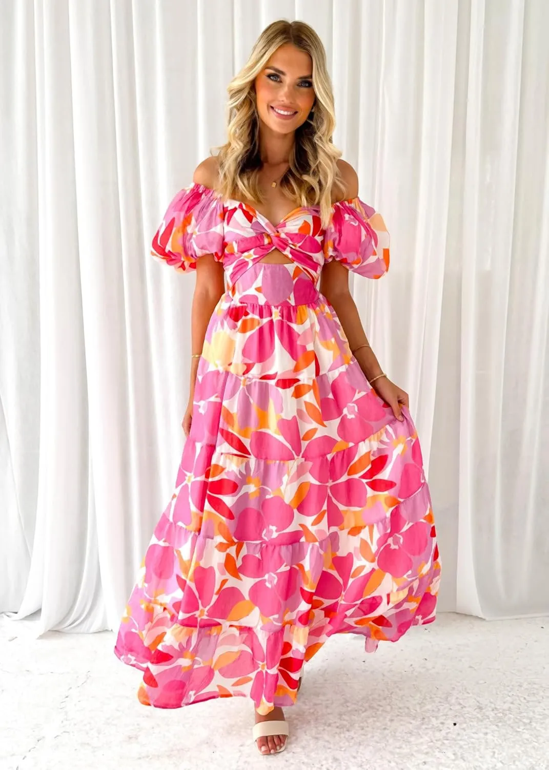 Womens Boho Floral Maxi Dress Short Puff Sleeve Off Shoulder Smocked Flowy Long Beach Dress