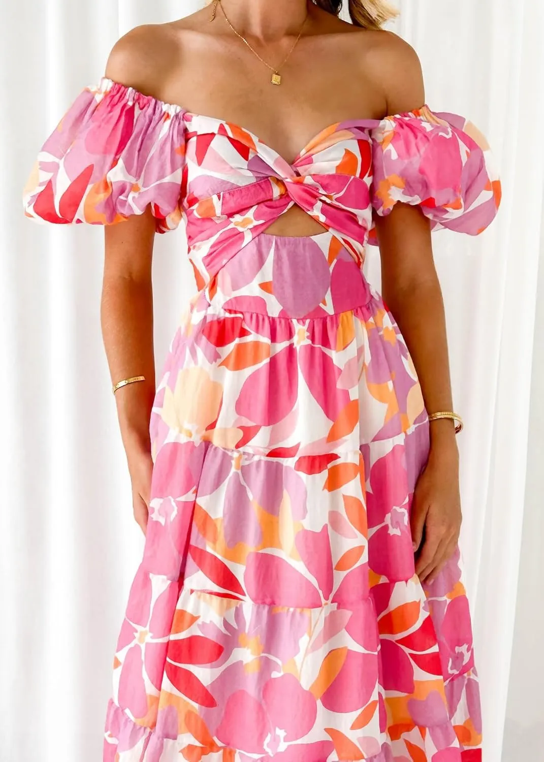 Womens Boho Floral Maxi Dress Short Puff Sleeve Off Shoulder Smocked Flowy Long Beach Dress