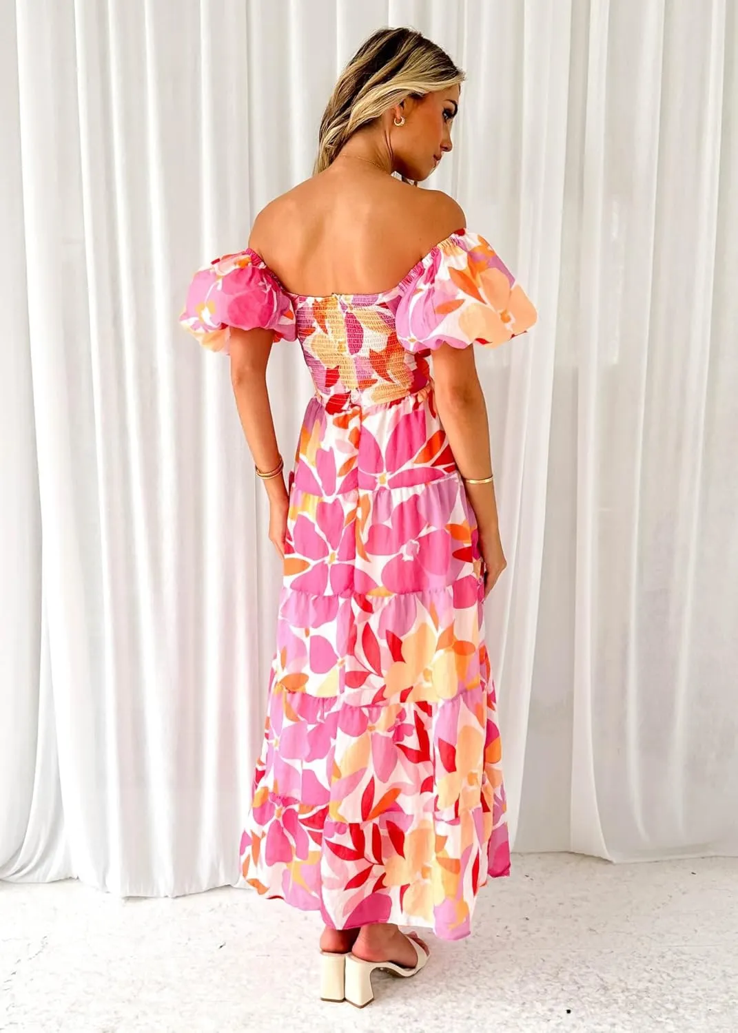 Womens Boho Floral Maxi Dress Short Puff Sleeve Off Shoulder Smocked Flowy Long Beach Dress