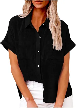 Womens Casual Blouse Button Fly Lapel Collar Short Sleeve Linen Beach Tunics Summer Loose Side Slit Tops with Pockets