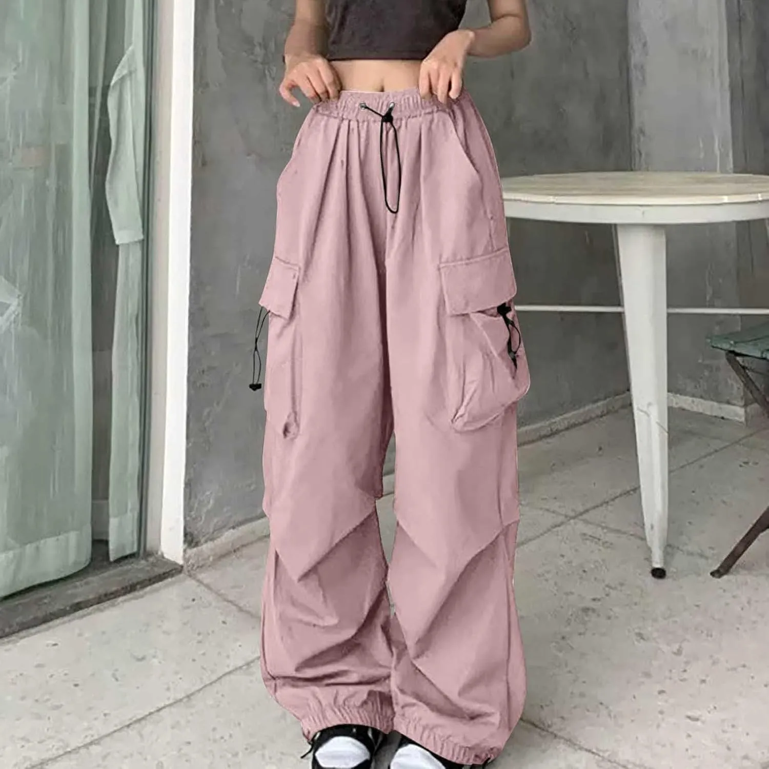 Women's Casual Cargo Pants High Waist Adjustable Straight Relaxed Fit Baggy Parachute Hiking Trousers with Pockets