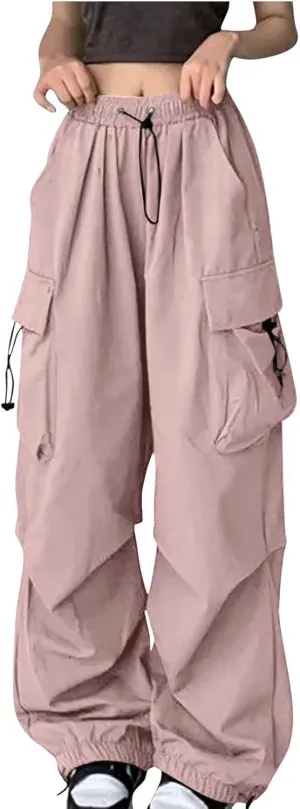 Women's Casual Cargo Pants High Waist Adjustable Straight Relaxed Fit Baggy Parachute Hiking Trousers with Pockets