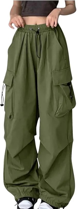 Women's Casual Cargo Pants High Waist Adjustable Straight Relaxed Fit Baggy Parachute Hiking Trousers with Pockets