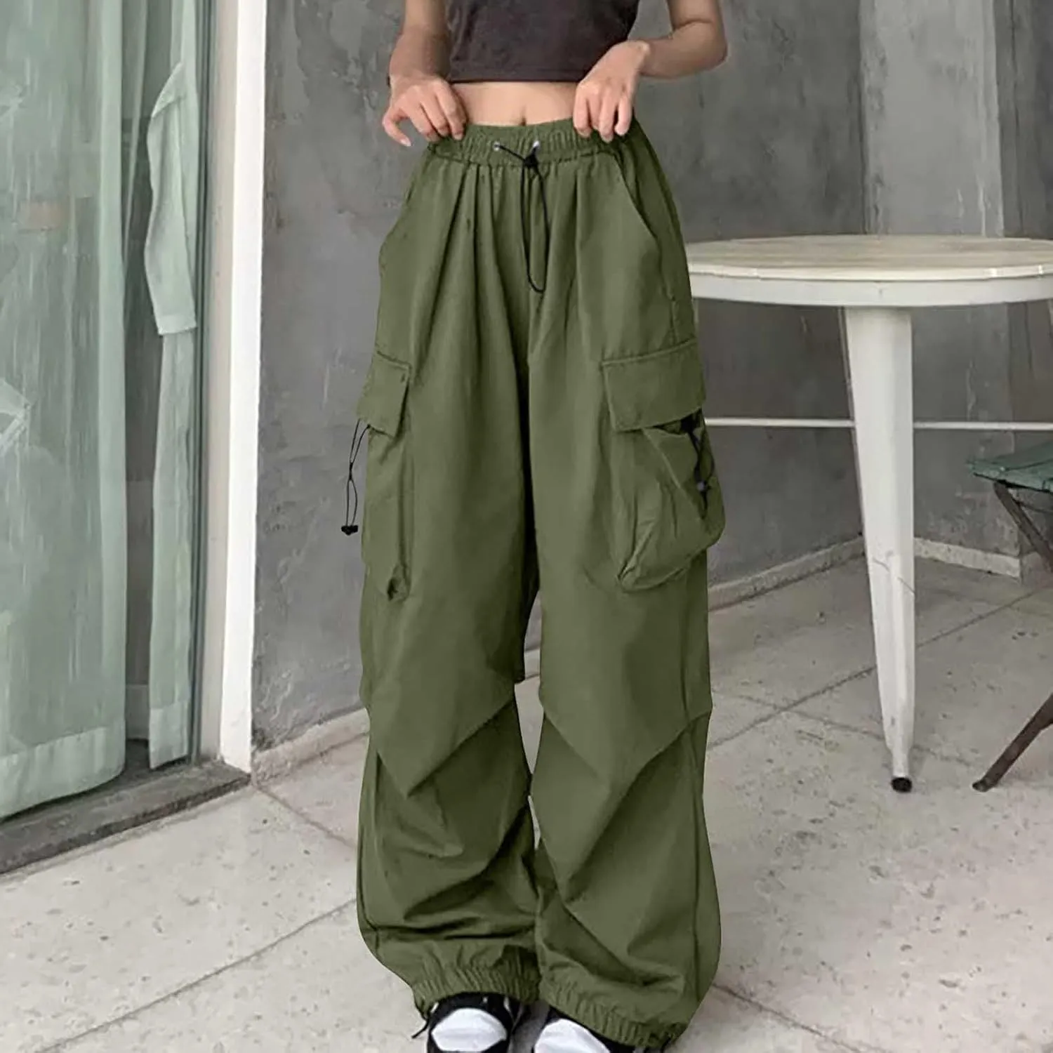 Women's Casual Cargo Pants High Waist Adjustable Straight Relaxed Fit Baggy Parachute Hiking Trousers with Pockets
