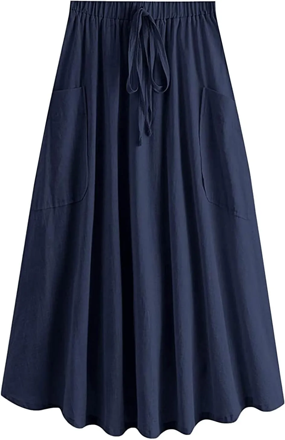 Women's Casual High Waist Pleated A Line Midi Skirt with Pocket Drawstring Elastic Waist Cotton Linen Skirts