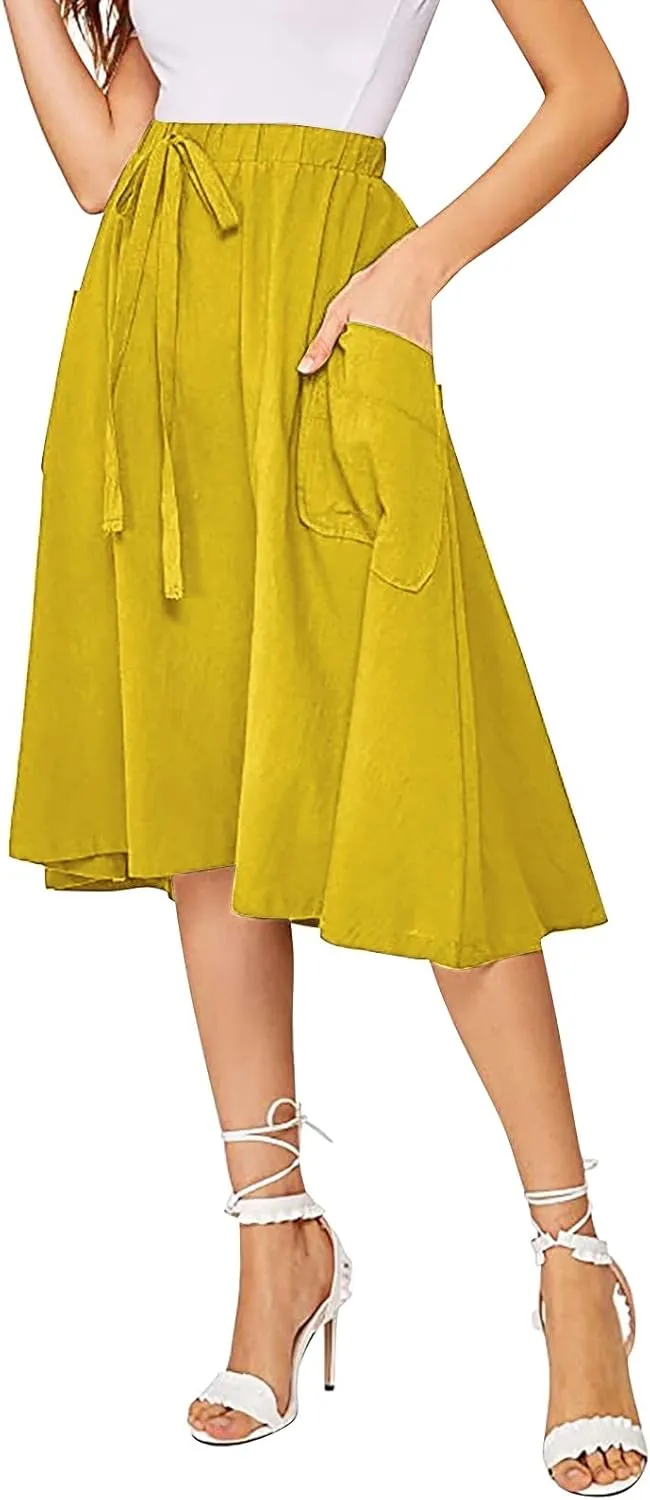 Women's Casual High Waist Pleated A Line Midi Skirt with Pocket Drawstring Elastic Waist Cotton Linen Skirts