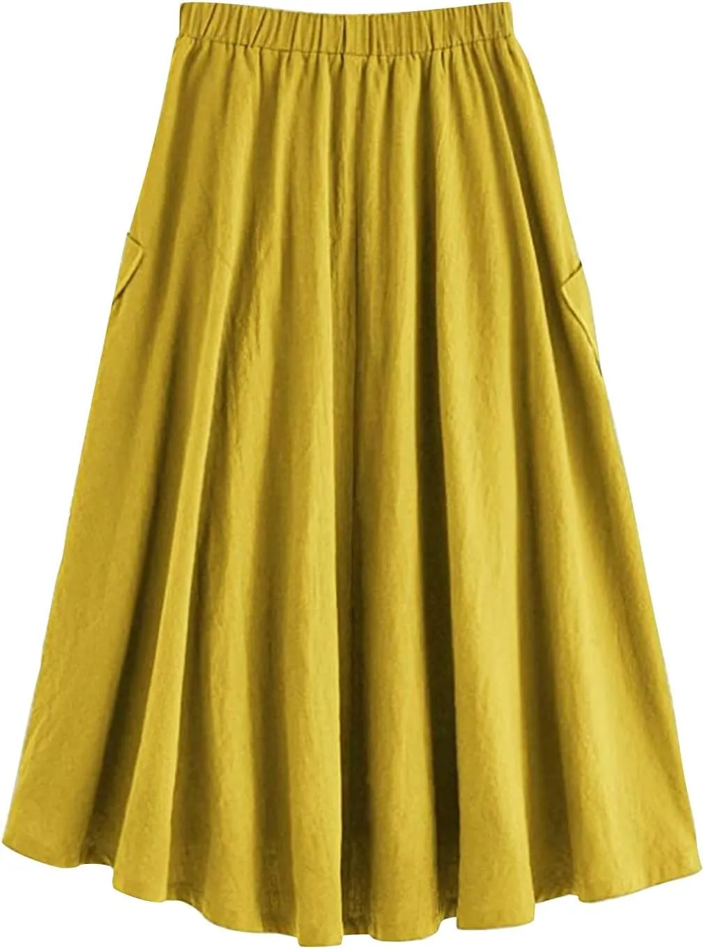 Women's Casual High Waist Pleated A Line Midi Skirt with Pocket Drawstring Elastic Waist Cotton Linen Skirts