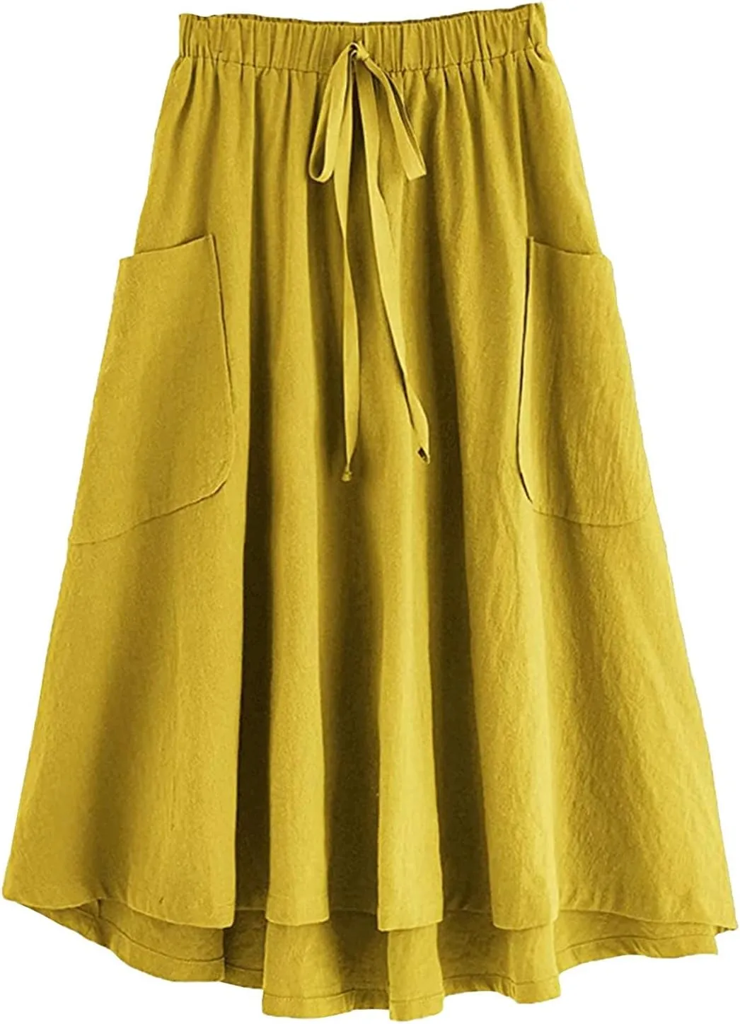 Women's Casual High Waist Pleated A Line Midi Skirt with Pocket Drawstring Elastic Waist Cotton Linen Skirts