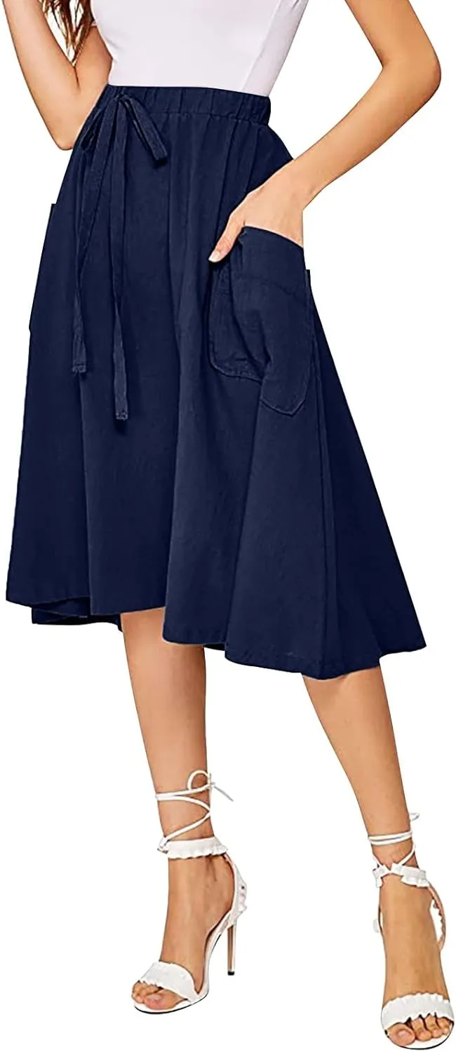 Women's Casual High Waist Pleated A Line Midi Skirt with Pocket Drawstring Elastic Waist Cotton Linen Skirts
