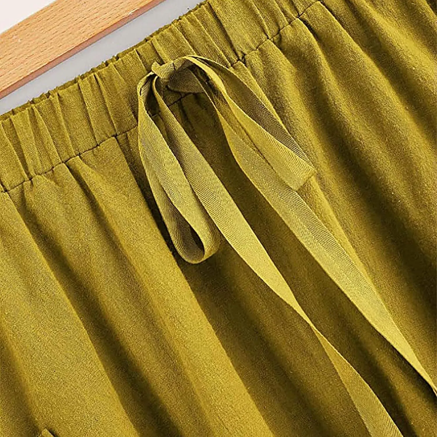 Women's Casual High Waist Pleated A Line Midi Skirt with Pocket Drawstring Elastic Waist Cotton Linen Skirts