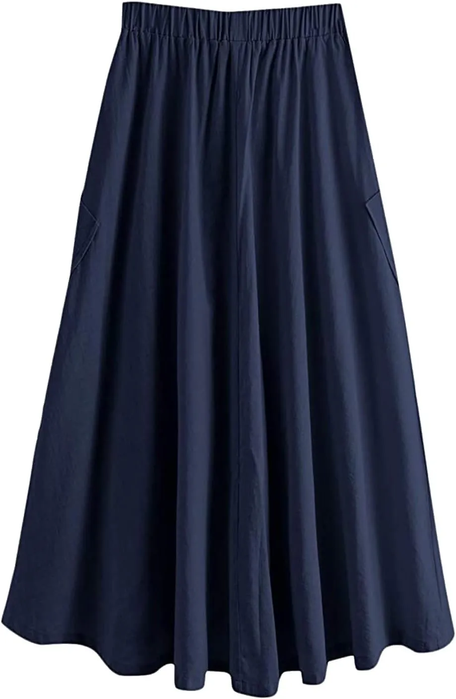 Women's Casual High Waist Pleated A Line Midi Skirt with Pocket Drawstring Elastic Waist Cotton Linen Skirts