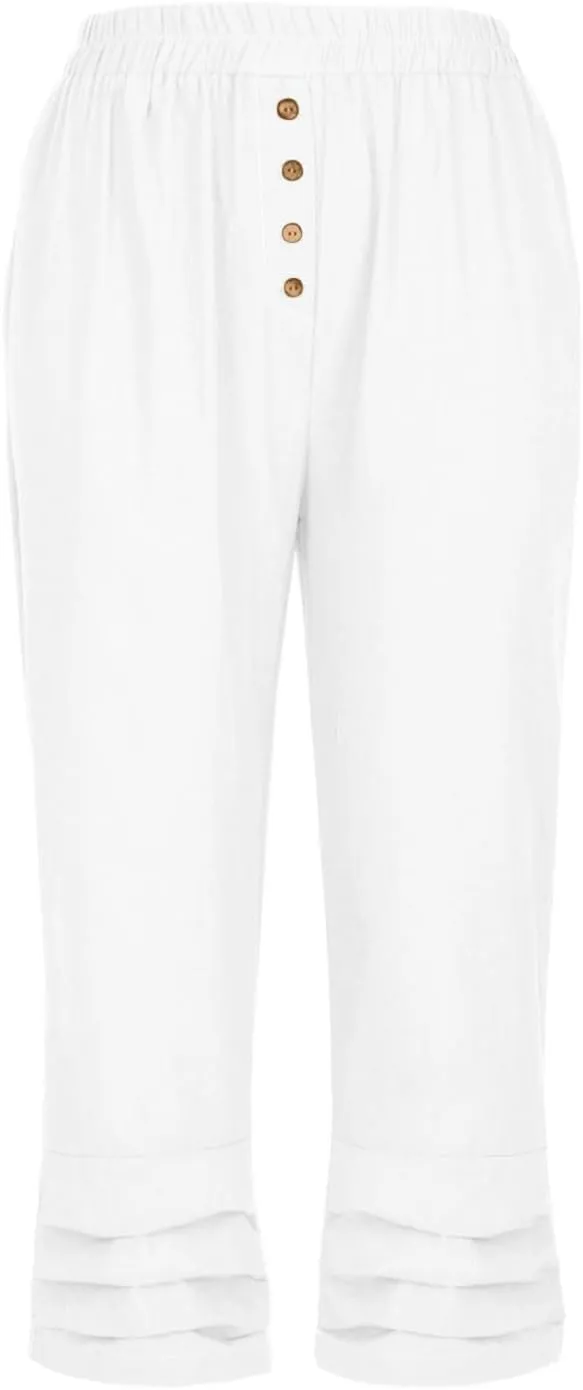 Womens Cotton Linen Capri Trousers with Elasticated Waist, Summer Capri Pants Breathable 3/4 Length Trouser with Pocket