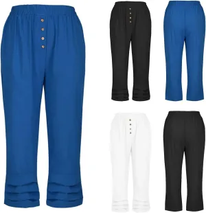 Womens Cotton Linen Capri Trousers with Elasticated Waist, Summer Capri Pants Breathable 3/4 Length Trouser with Pocket