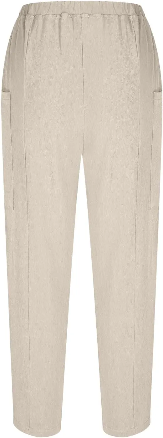Womens Cotton Linen Pants with Front Pockets Summer Straight Leg Cropped Trousers Casual Comfy Capri Pant Solid Color