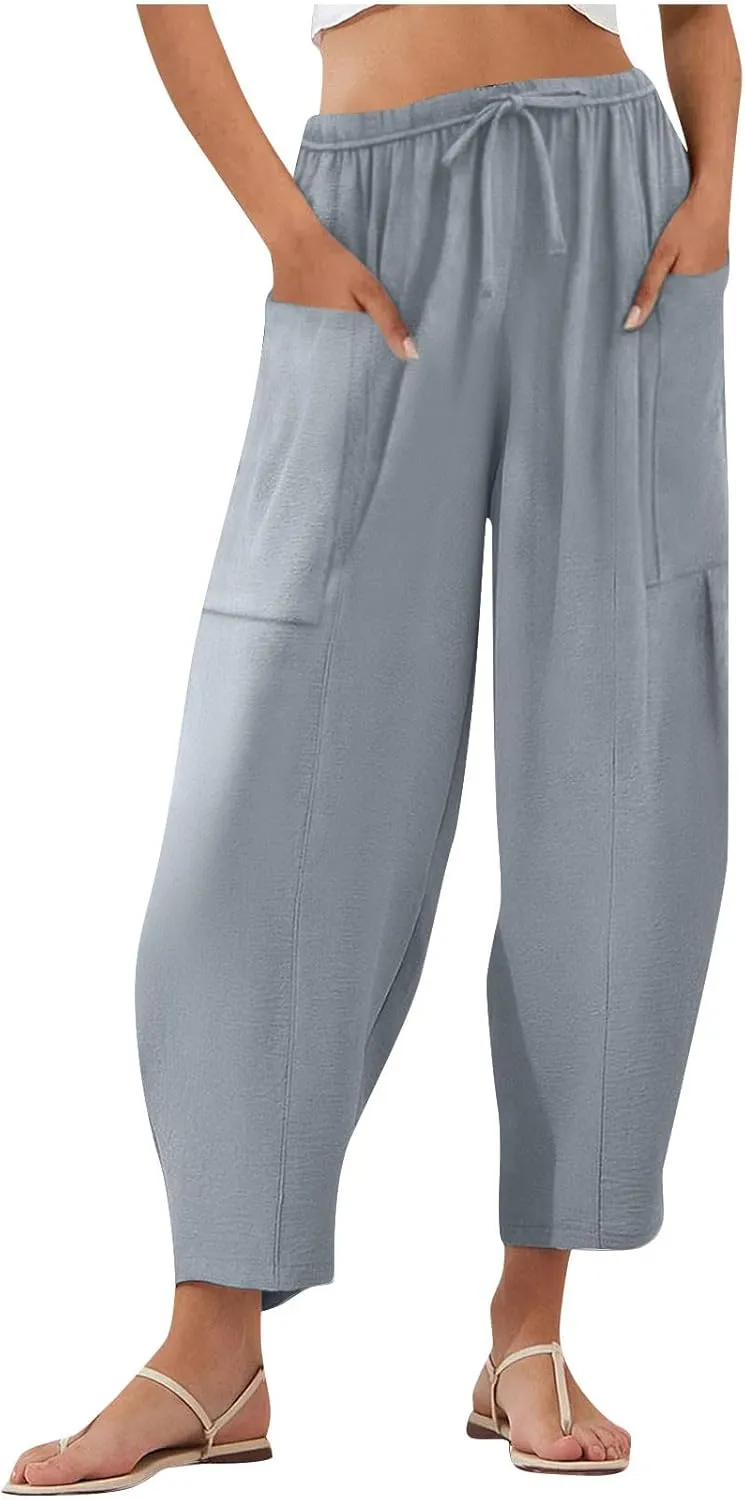 Womens Cotton Linen Pants with Front Pockets Summer Straight Leg Cropped Trousers Casual Comfy Capri Pant Solid Color