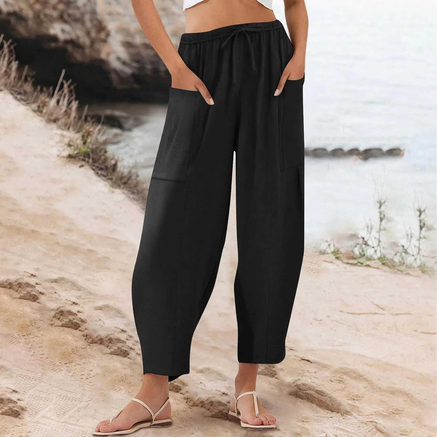 Womens Cotton Linen Pants with Front Pockets Summer Straight Leg Cropped Trousers Casual Comfy Capri Pant Solid Color