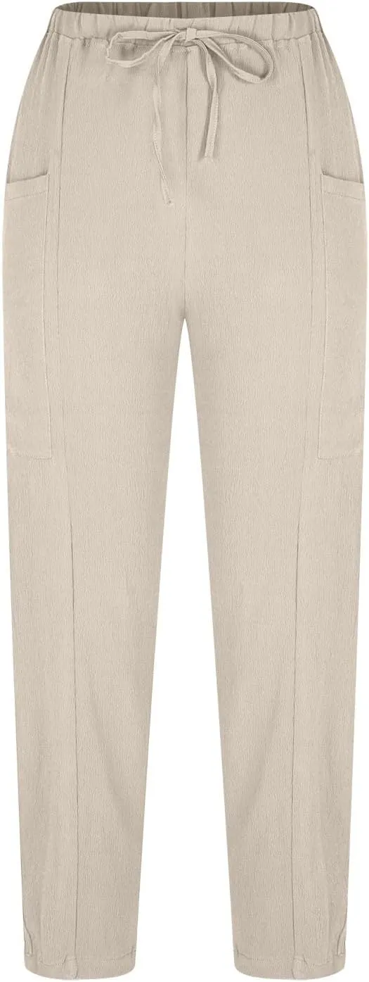 Womens Cotton Linen Pants with Front Pockets Summer Straight Leg Cropped Trousers Casual Comfy Capri Pant Solid Color